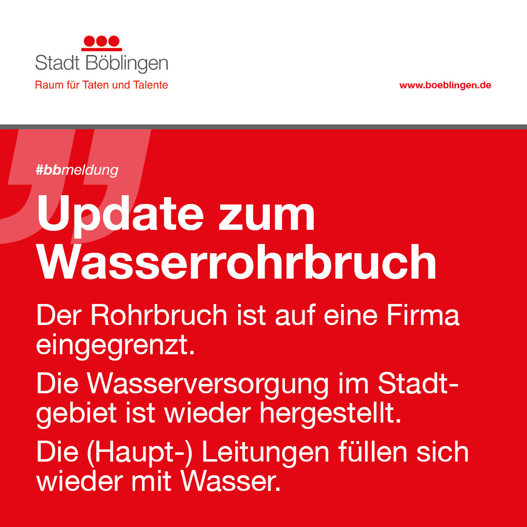 #bbmeldung: Update Wasserrohrbruch
Der Rohrbruch auf der Hulb ist auf eine Firma eingegrenzt. Die Wasserversorgung ist wieder hergestellt. Die Leitungen füllen sich wieder mit Wasser. Es kann noch einen Moment dauern, bis der volle Wasserdruck überall vorherrscht.

#stadtbb