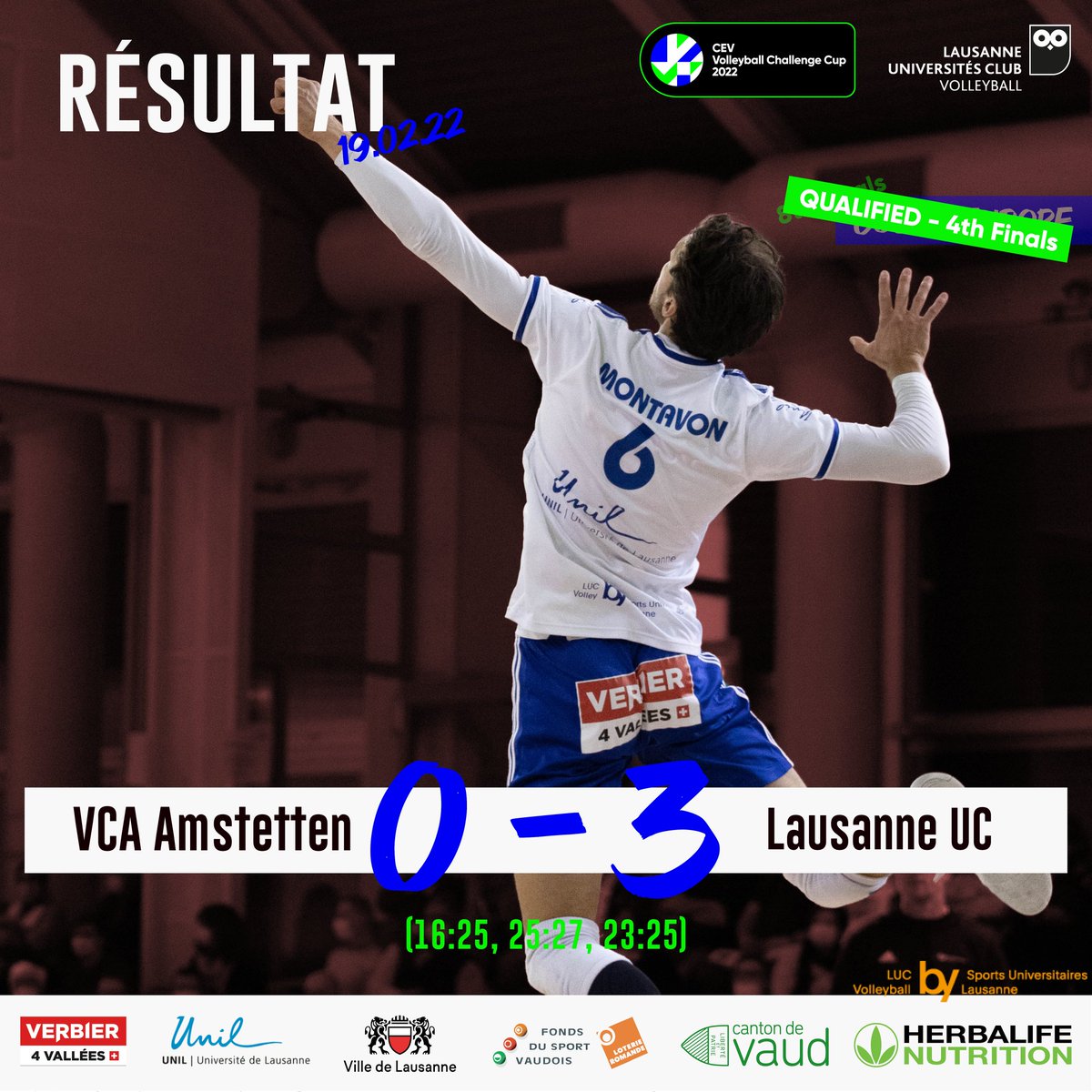 Le LUC s'est qualifié hier soir pour les quarts de finale de Challenge Cup en Coupe d'Europe !

Une qualification qui égale notre record historique d'il y a 10 ans où le LUC se qualifiait pour la 1ère fois en quart de finale de Challenge Cup.

#LUCvolleyball #Volleyball