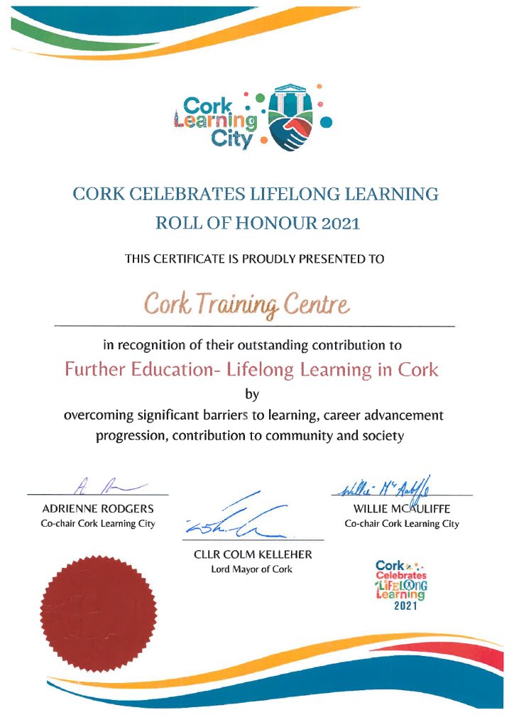 FETBishopstown's tweet photo. We are honored to receive this certificate in recognition of our contribution to Further Education in Lifelong Learning in Cork. This years Cork Learning Festival is taking place between the 3rd and 10th of April.    #corklearning #corkcelebrateslearning #CorkLovesLearning https://t.co/IPGczhNrRT