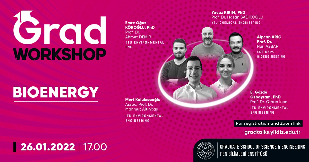 🎓GradWorkshop🎓çalıştay serimizin 6⃣. panelinde, YTÜ, İTÜ ve Ege Üni'den🌲BİYOENERJİ♻️alanında çalışmalarını sürdüren beş araştırmacı sunumlarını gerçekleştirecektir.

📢🗓️26 Ocak 2022
📢🕔17:00 

Kayıt: gradtalks.yildiz.edu.tr

<a href="/YildizEdu/">Yıldız Teknik Üniversitesi</a>
#YTÜBiyoenerji
#ARGEdeLiderYTÜ