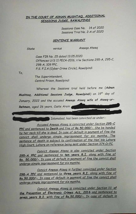 SandeepMehra_'s tweet photo. Another woman in Pak sentenced to death for false accusation of #Blasphemy, the systematic and integrated tool to persecute minorities!

A 26 yr old Aneeqa Ateeq has been given a death sentence along wth 20 yr jail time with a fine of PKR 200,000.
#AnarchyinPakistan
@DavidAltonHL https://t.co/XlZNh5e3TL