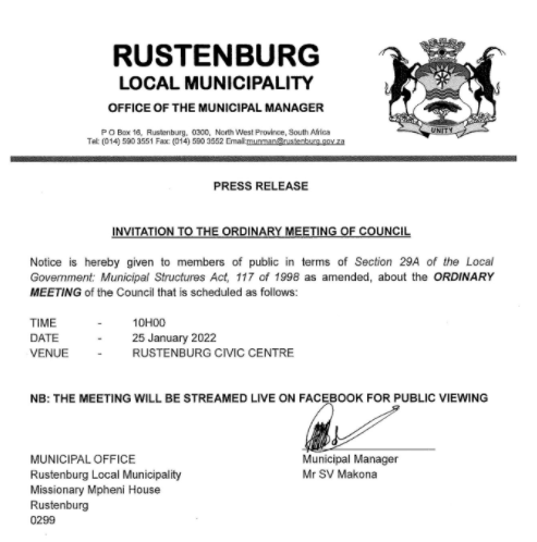 MunicipalNotice's tweet photo. Council meeting at Rustenburg Municipality on 25 January 2022: virtual meeting now physical with livestreaming https://t.co/GQfvy3hWG1 #RustenburgNotice #MeetingNotice https://t.co/OVtg6GVAcH