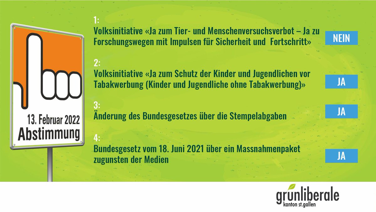 glp_sg's tweet photo. Wir haben die Parolen für die #Abstimmungen vom 13. Februar gefasst: 

Nein zu @TVI_Nein 
Ja zu @kinderohnetabak 
Ja zur Änderung der #Stempelabgaben
Ja zum #Medienpaket

Mehr Infos: https://t.co/cPEPCOOQhS

#abstch https://t.co/VaxvYmalHb