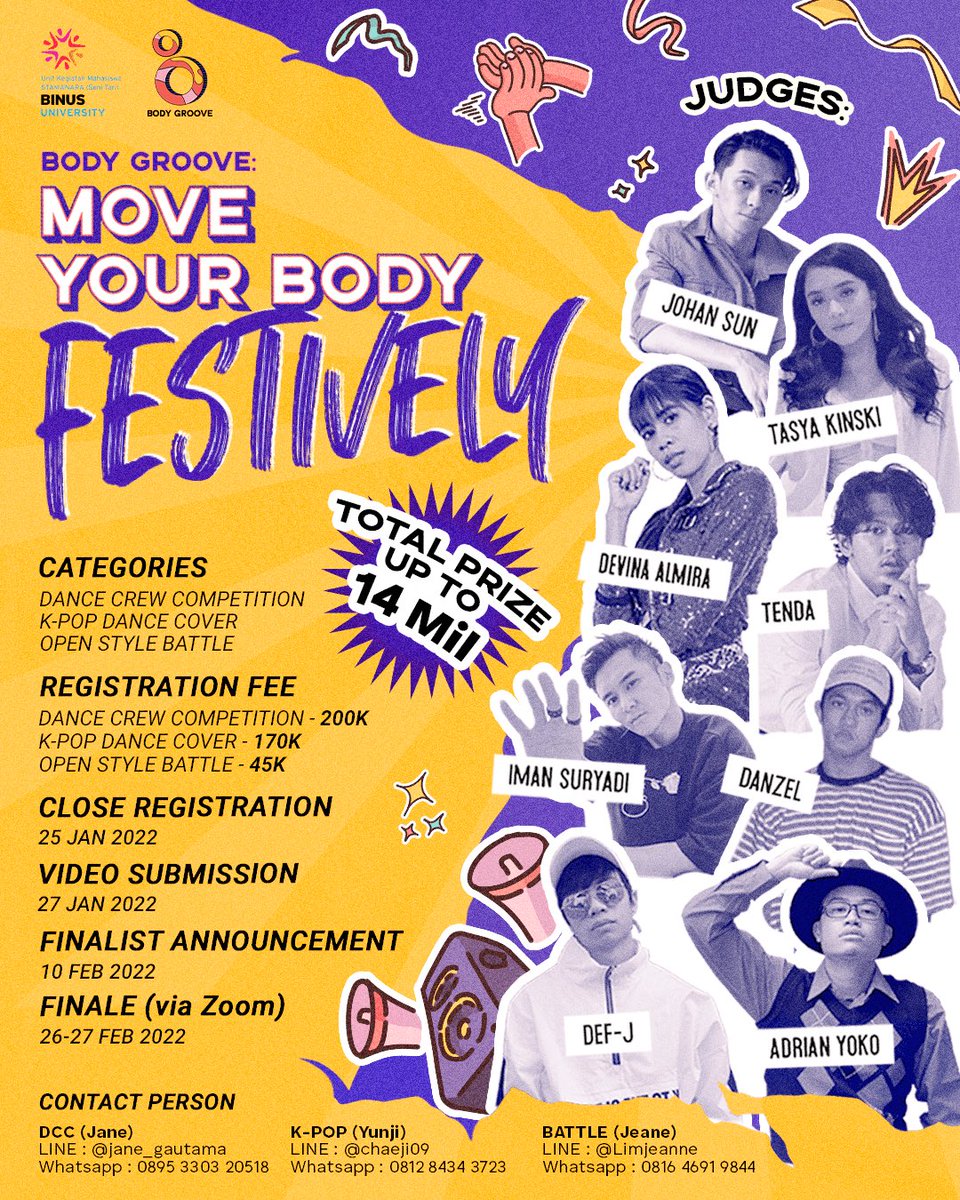 STAMANARA PROUDLY PRESENTS
“ BODY GROOVE 2021 : Move Your Body Festively 🌈✨”

Body Groove goes ONLINE ❤️‍🔥

[Dance Crew Competition, K-Pop Dance Cover Competition, Open Style Battle]

Find out more on our Instagram 👉 instagram.com/body.groove 👈