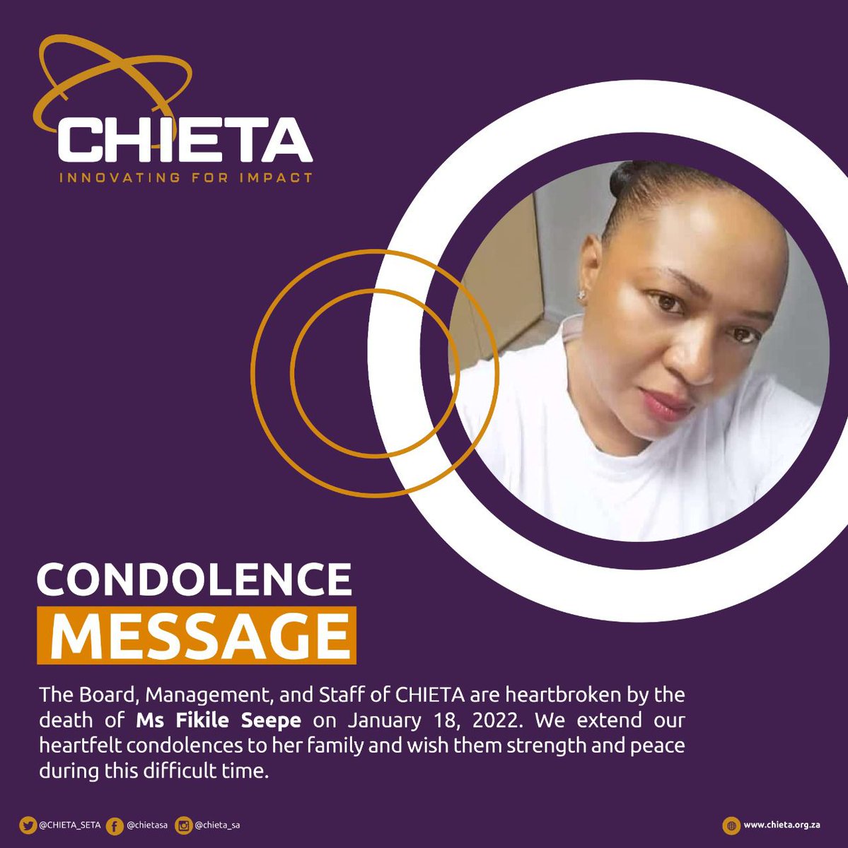 CHIETA_SETA's tweet photo. We offer our sincere condolences and wish the Seepe family courage during this time of mourning.

Rest In Peace Ms Fikile Seepe https://t.co/NzIhp5N55R