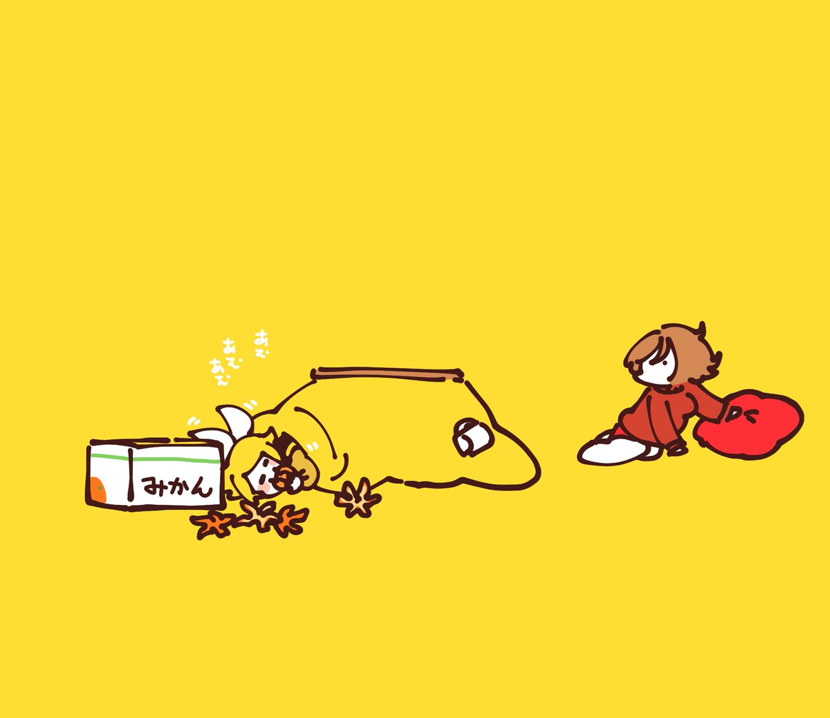 1girl brown hair yellow background kotatsu chibi simple background short hair  illustration images