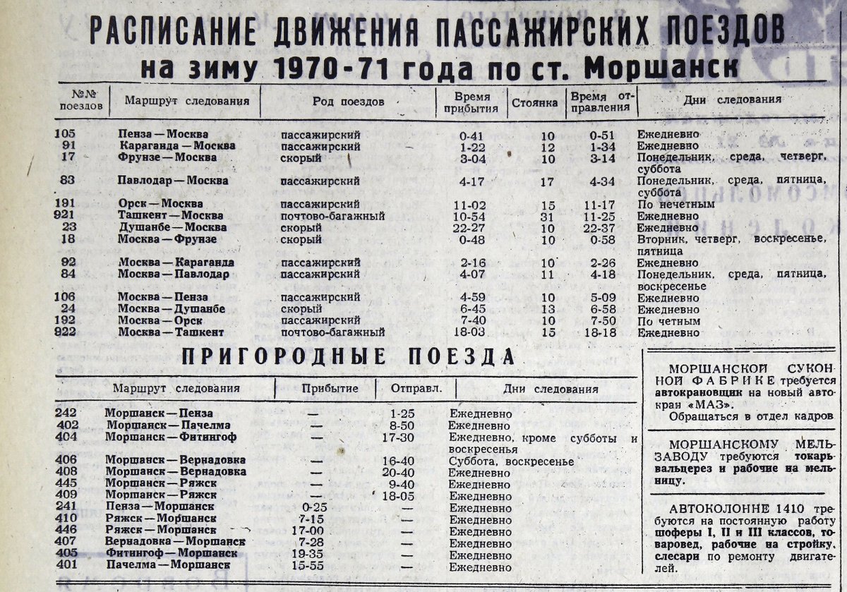 Из наших газет. Расписание поездов, проходящих через станцию Моршанск. 1970-1971 годы.