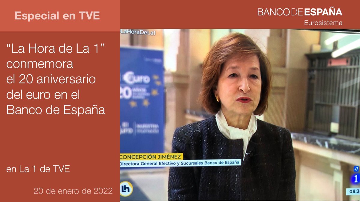 BancoDeEspana's tweet photo. Hoy hemos recibido en el @BancoDeEspana a @LaHoraTVE de @La1_tve. Nuestra directora general de Efectivo y Sucursales, Concha Jiménez, ha recordado ante las cámaras cómo fue la llegada del euro. Si no lo has visto en directo, puedes recuperarlo en https://t.co/HeMoycHMLL #euroat20 https://t.co/rkAaoouDXB