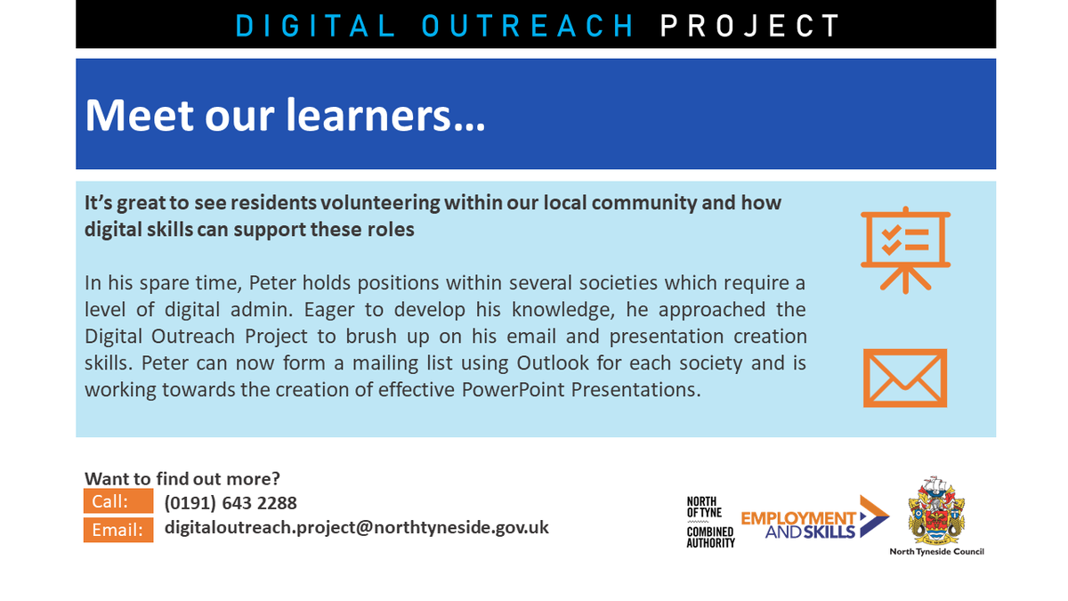 North Tyneside Council Adult Learning (@ntadultlearning) on Twitter photo Did you know our Digital Outreach Project is delivered in several locations in North Tyneside and virtually?
Meet one of our learners who shared their experience with us - we're so proud of our learners! 🤩
Email: digitaloutreach.project@northtyneside.gov.uk for more info! Did you know our Digital Outreach Project is delivered in several locations in North Tyneside and virtually?
Meet one of our learners who shared their experience with us - we're so proud of our learners! 🤩
Email: digitaloutreach.project@northtyneside.gov.uk for more info!