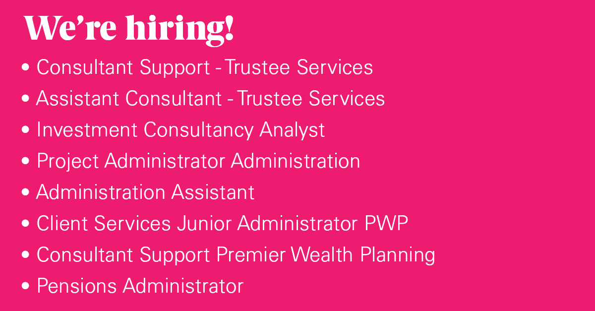 We’re #hiring for several roles including an #Analyst to join our Investment Consultancy team, #ProjectAdministrator, #PensionsAdministrator, #ConsultantSupport, #AdministrationAssistant, #JuniorAdministrator &amp; #AssistantConsultant 
Find out more &amp; apply bit.ly/3qT0fkl