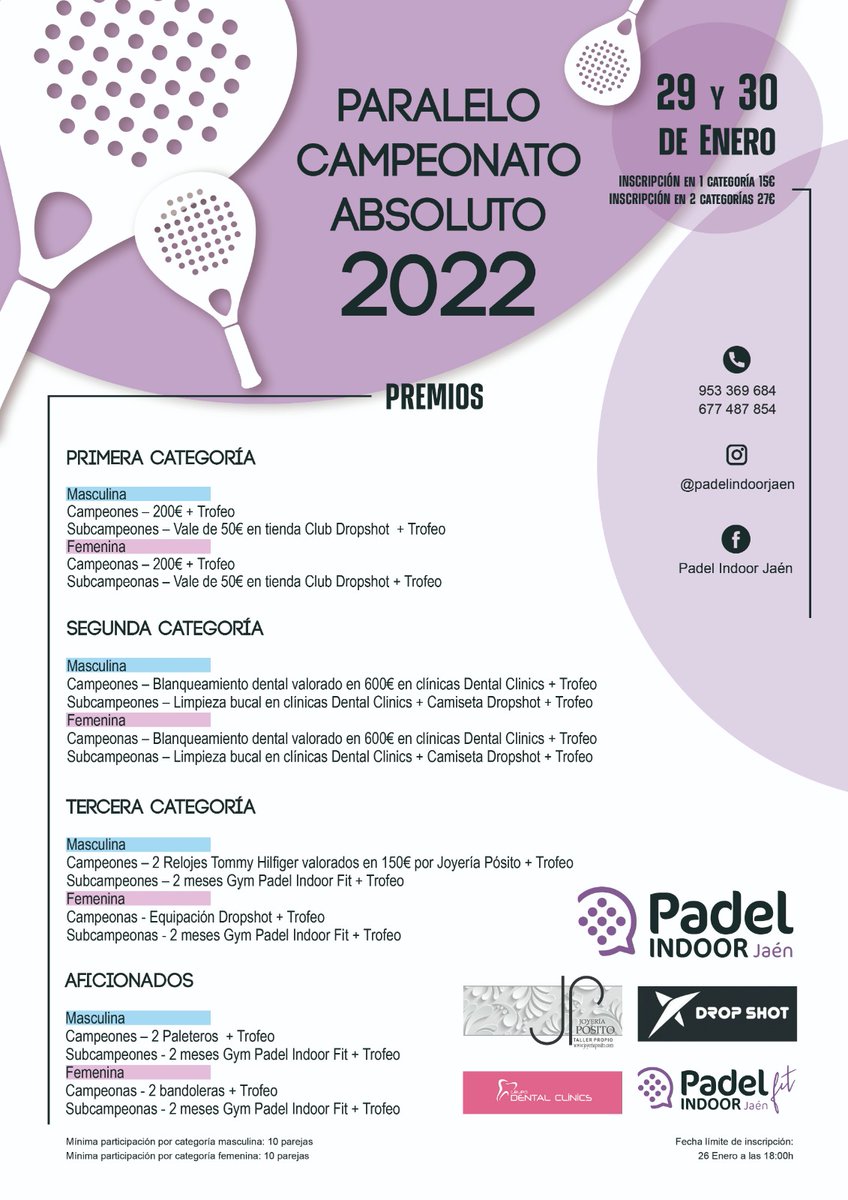 ¡¡¡Atención!!! junto con el torneo absoluto de de la FAP, Pádel Indoor Jaén  organizara un torneo paralelo que contara con cuatro categorías masculinas, femeninas y mas de 3000 Euros en premios. 
Inscripción hasta el 26 de enero 18:00h.