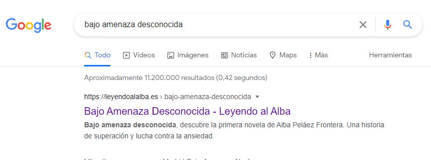 LeyendoalAlba's tweet photo. Acabo de descubrir que si tecleas "Leyendo al Alba" o "Bajo amenaza desconocida" en el buscador de Google, aparece mi blog y la página de mi primer libro. ¡Google ha dejado de ignorarme!🥳🎉

Sí, soy nueva y esta cosita me ilusiona al máximo nivel😅 https://t.co/dicvocNVsq