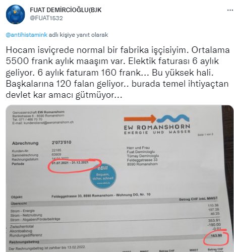 İsviçre’de işçi olduğunu ifade eden bir yurttaş, kendisine gelen 6 aylık elektrik faturasını paylaştı.