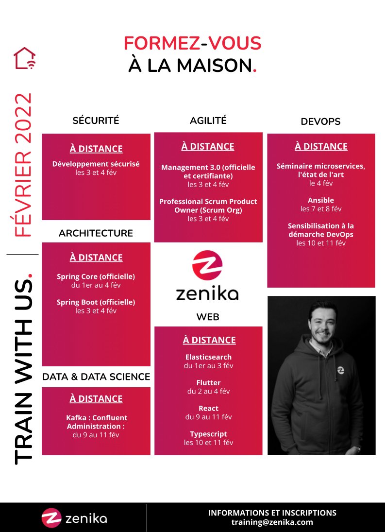 Vous vous rendez compte qu'on est bientôt en février ? Le temps passe trop vite... 😯
Si parmi vous, il y en a qui pensent à se former, c'est le moment ! Nos formations à venir se trouvent ici 👉 hubs.li/Q012t0fK0

#sécurité #agilité #devops #architecture #data #web #zenika