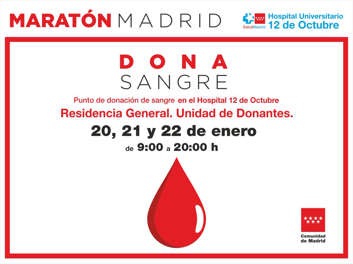 Tres días para donar sangre en el #Hospital12deOctubre. Si no puedes aquí, hazlo en cualquier punto habilitado por <a href="/Madridonasangre/">Centro de Transfusión🩸</a>. Las reservas están bajo mínimos. Por favor, Rt para que el Maratón de Donación de Madrid sea tendencia. ¿Nos ayudas?.