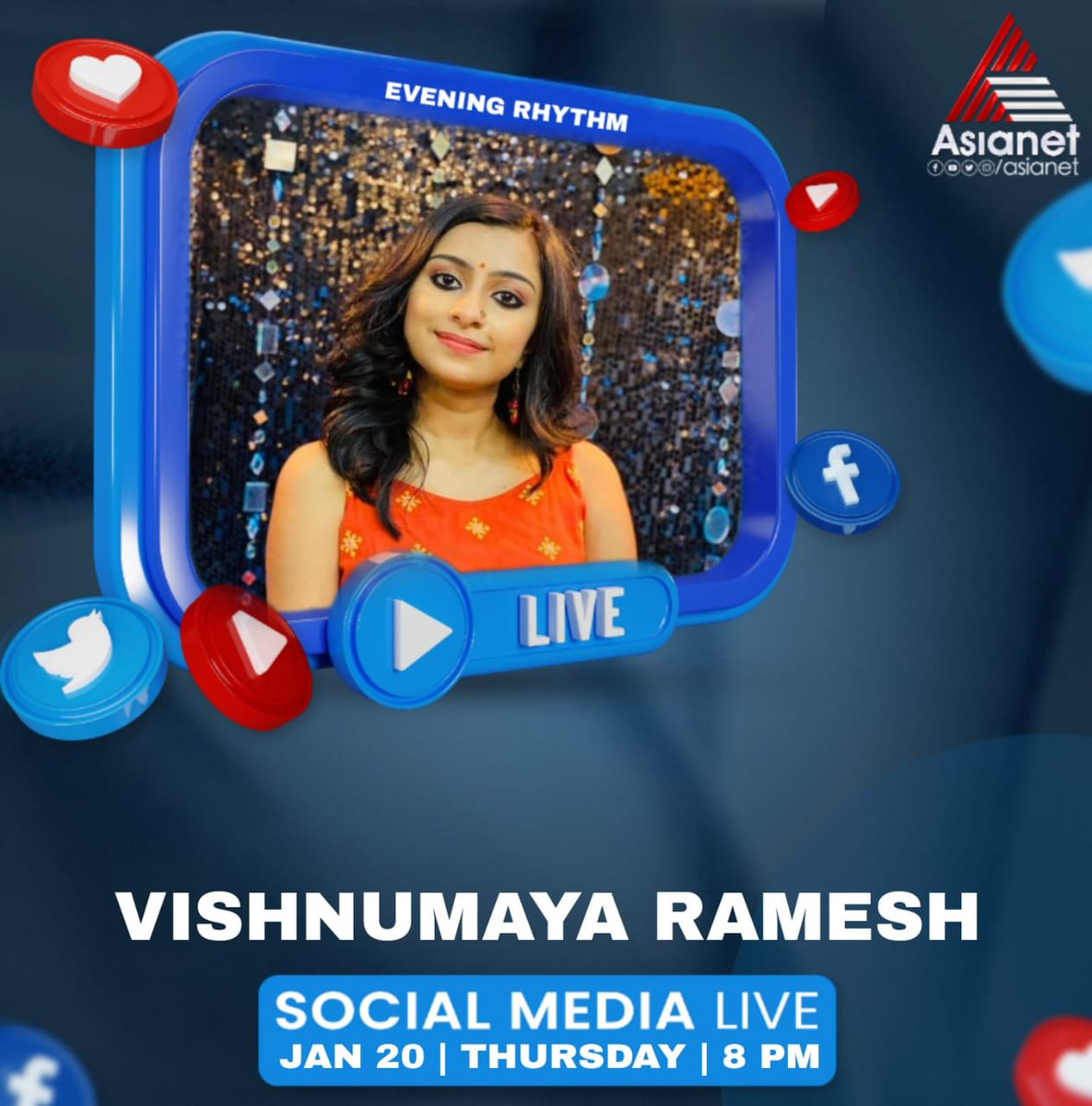 asianet's tweet photo. പാട്ടും വിശേഷങ്ങളുമായി യുവഗായിക വിഷ്ണുമായ രമേഷ് ഇന്ന് വൈകീട്ട് തത്സമയം എത്തുന്നു 

Vishnumaya Ramesh || Evening Rhythm || Star Singer Season 8 || Live || Asianet

#Asianet #EveningRhythm #StarSingerSeason8 #StarSingerTheEpicShow #VishnumayaRamesh #SocialMediaLive #Live https://t.co/poJhgRKGN9