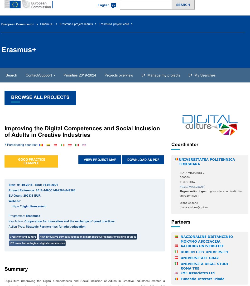 We announce with great pleasure the #DigiCulture project - chosen as a Good Practice Example for adult education in Erasmus+ EU programme.
DSC #MOOC includes 13 modules in 7 languages, available online, the VLE including new #OERs &amp; #OpenBadges. 
More info:bit.ly/3tCIY0h