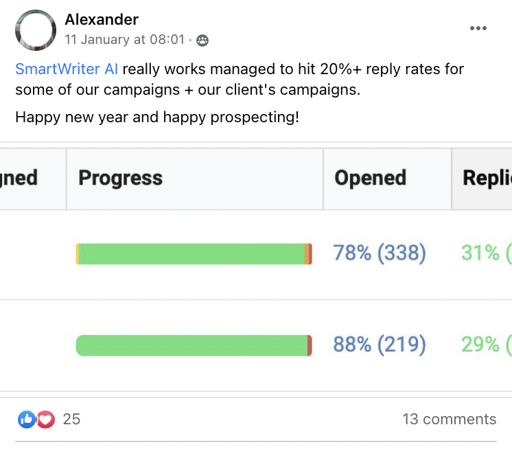smartwriter.ai just helped Alexander hit 30% reply rates completely AUTOMATED at scale.

With further tweaking, he's now headed for 40% reply rates.

Not open rates, REPLY rates 🚀