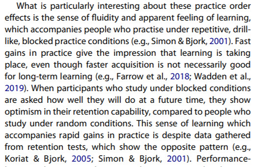 ShakeyWaits's tweet image. Passage highly pertinent to the comment I frequently hear that some athletes like/prefer isolated, repetitive practice. What you like is not always good for you! 
From: tandfonline.com/doi/abs/10.108…