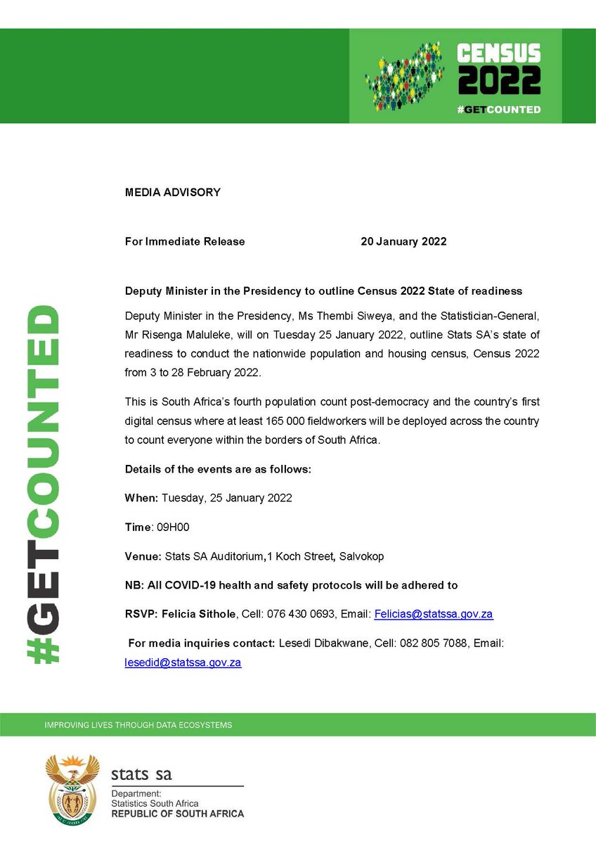 Statistics South Africa (Stats SA) (@statssa) on Twitter photo Presidency Deputy Minister <a href="/ThembiSiweya/">Hon Thembi Siweya Nwedamutswu, MP🇿🇦</a> & <a href="/SGMaluleke/">Statistician-General Risenga Maluleke</a> will outline #StatsSA’s state of readiness to conduct #SACensus2022 at a media briefing on Tuesday 25 Jan 2022 @ 09h00.
More info here: census.statssa.gov.za & statssa.gov.za/?p=14943
#GetCounted Presidency Deputy Minister <a href="/ThembiSiweya/">Hon Thembi Siweya Nwedamutswu, MP🇿🇦</a> & <a href="/SGMaluleke/">Statistician-General Risenga Maluleke</a> will outline #StatsSA’s state of readiness to conduct #SACensus2022 at a media briefing on Tuesday 25 Jan 2022 @ 09h00.
More info here: census.statssa.gov.za & statssa.gov.za/?p=14943
#GetCounted