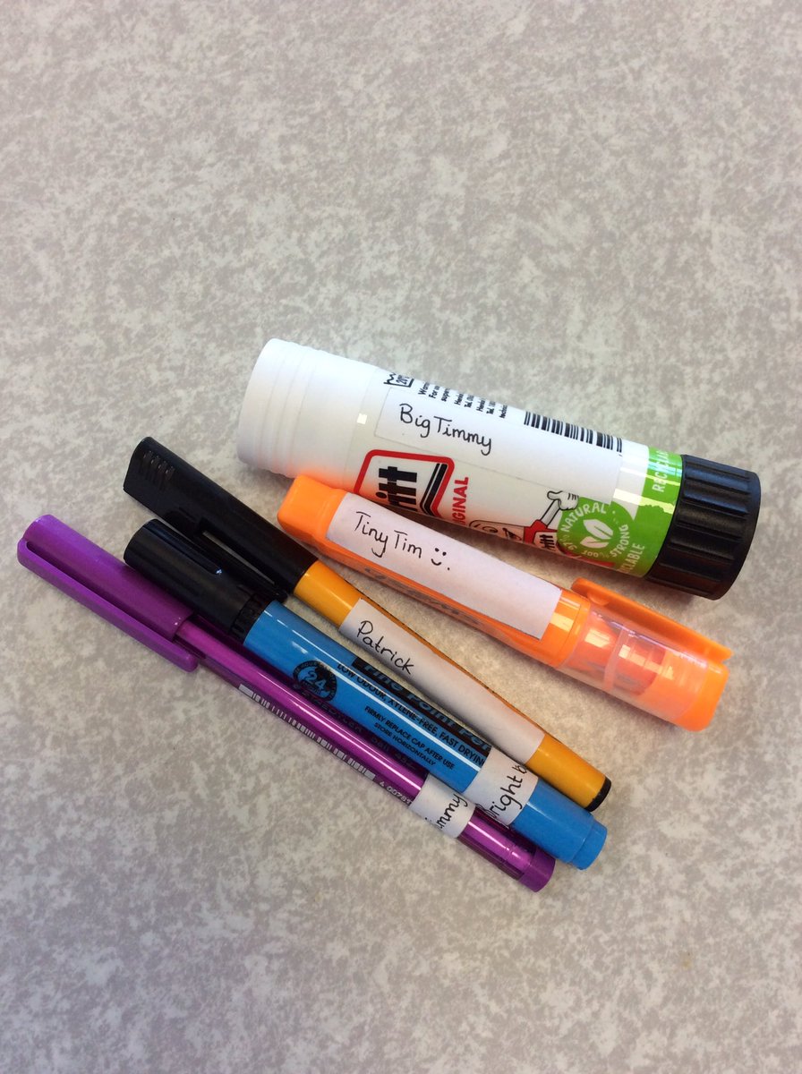 ChilternY6's tweet photo. Inspired by earlier tweets where this has been a success, we have named our stationery with the aim of looking after our new “friends”... 
#gluesticks
#nameyourglue
#edutwitter 
@ChilternSch https://t.co/Caf10VRlID