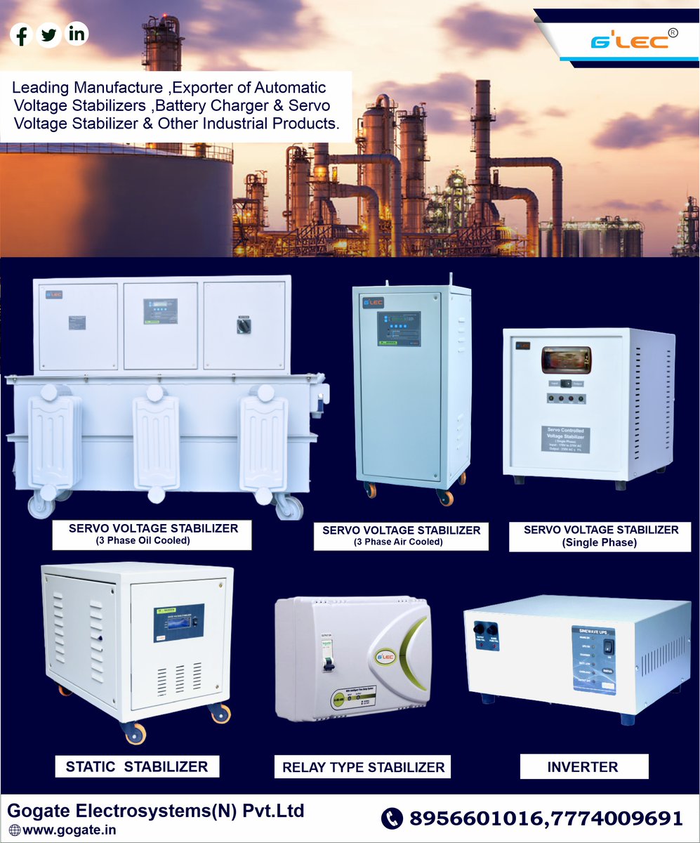GogateLtd's tweet image. G-LEC Offers A Wide Range Of Microprocessor-based Servo Voltage Stabilizer,UPS, Relay Type Stabilizer, Inverters  
Contact On- 8956601016,7774009691
gogate.in
#stabilizer #stabilizerforhome #camerastabilizer #servicestabilizer #glecstabilizer #nashiknews #nashikcity
