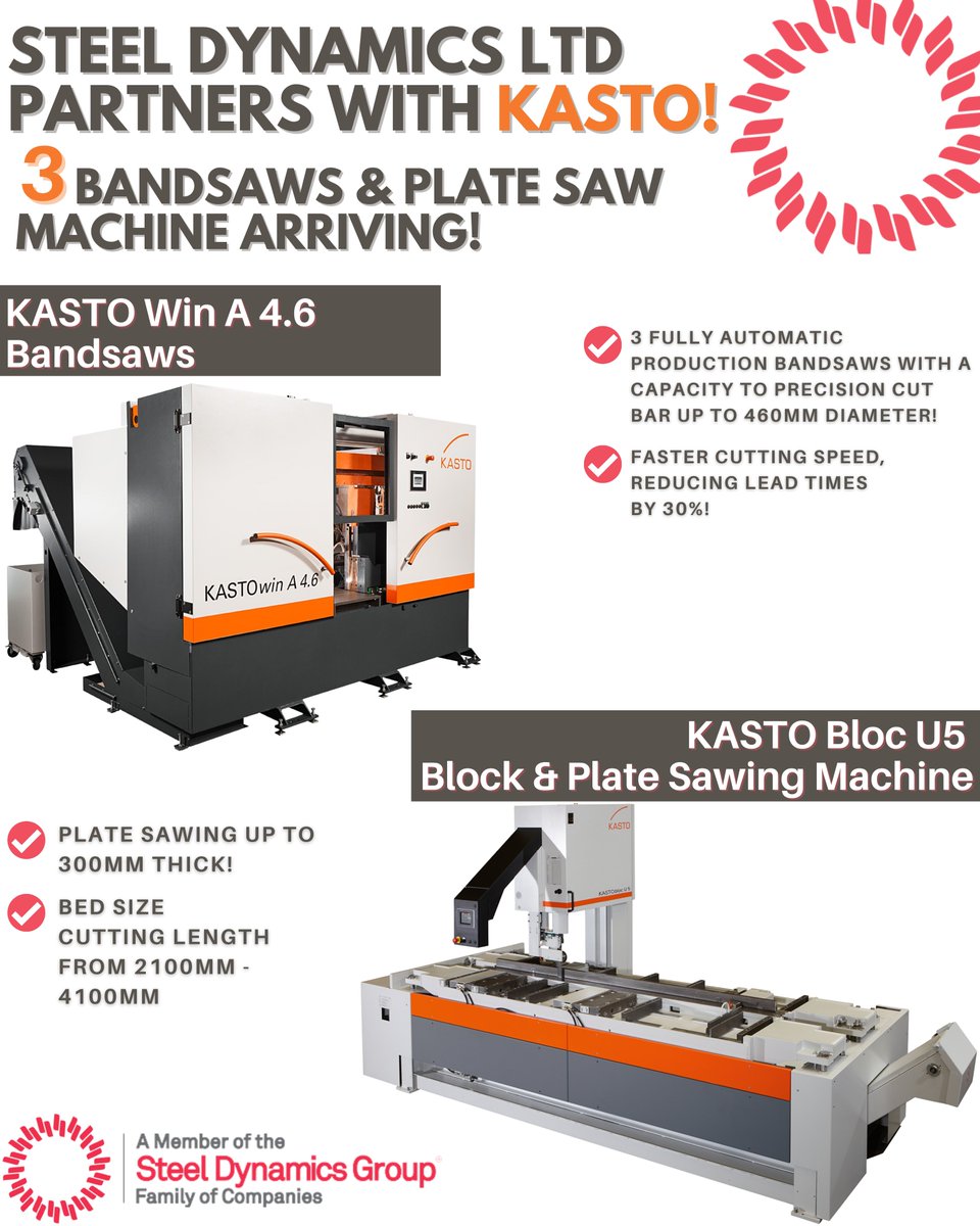 steel_dynamics's tweet photo. Steel Dynamics Ltd is pleased to announce its latest state-of-the-art investments! With our 4 new, highly specialised and reliable #KastoMachines, we’re the perfect choice for being the Ultimate in Stainless Steel Processing. 
#KASTO #stainlesssteel #Barcutting #Platesawing https://t.co/quKxnshkaf