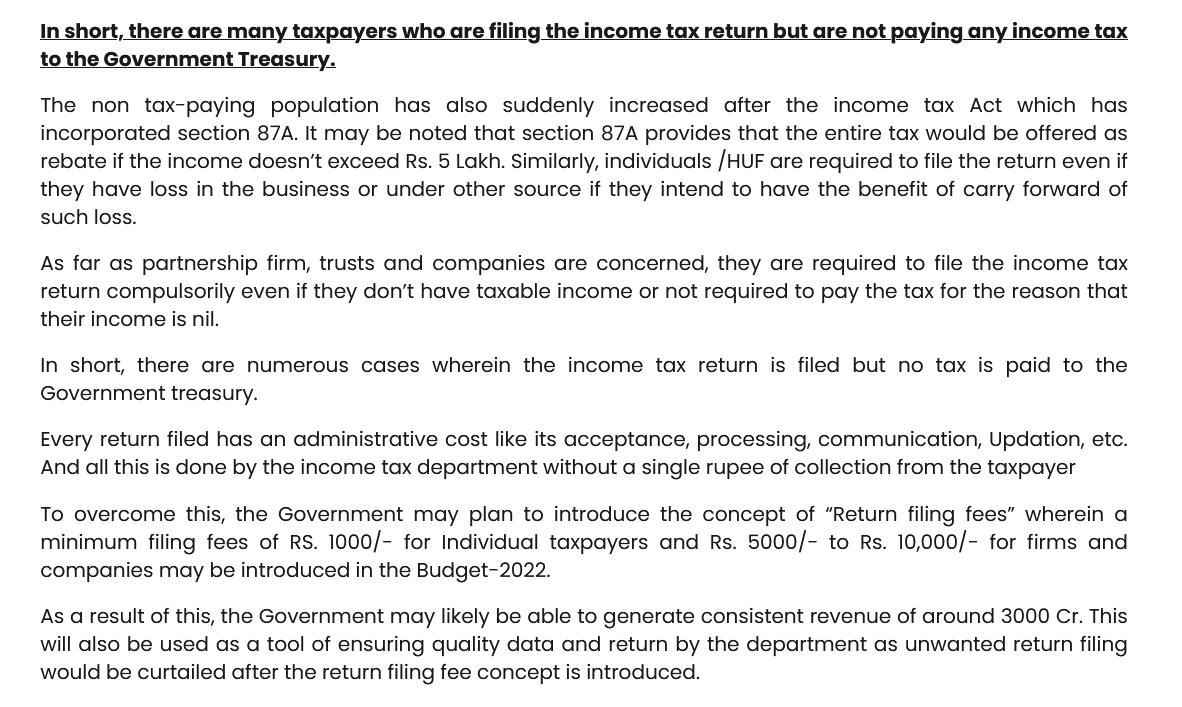 cailajindal's tweet image. GOVERNMENT PLANNING TO CHARGE INCOME TAX RETURN FILING FEES ON ITR’S in #Budget2022 

👉 Source unconfirmed.

#IncomeTaxReturn #filingfees #incometax