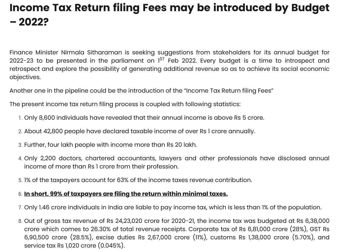 cailajindal's tweet image. GOVERNMENT PLANNING TO CHARGE INCOME TAX RETURN FILING FEES ON ITR’S in #Budget2022 

👉 Source unconfirmed.

#IncomeTaxReturn #filingfees #incometax