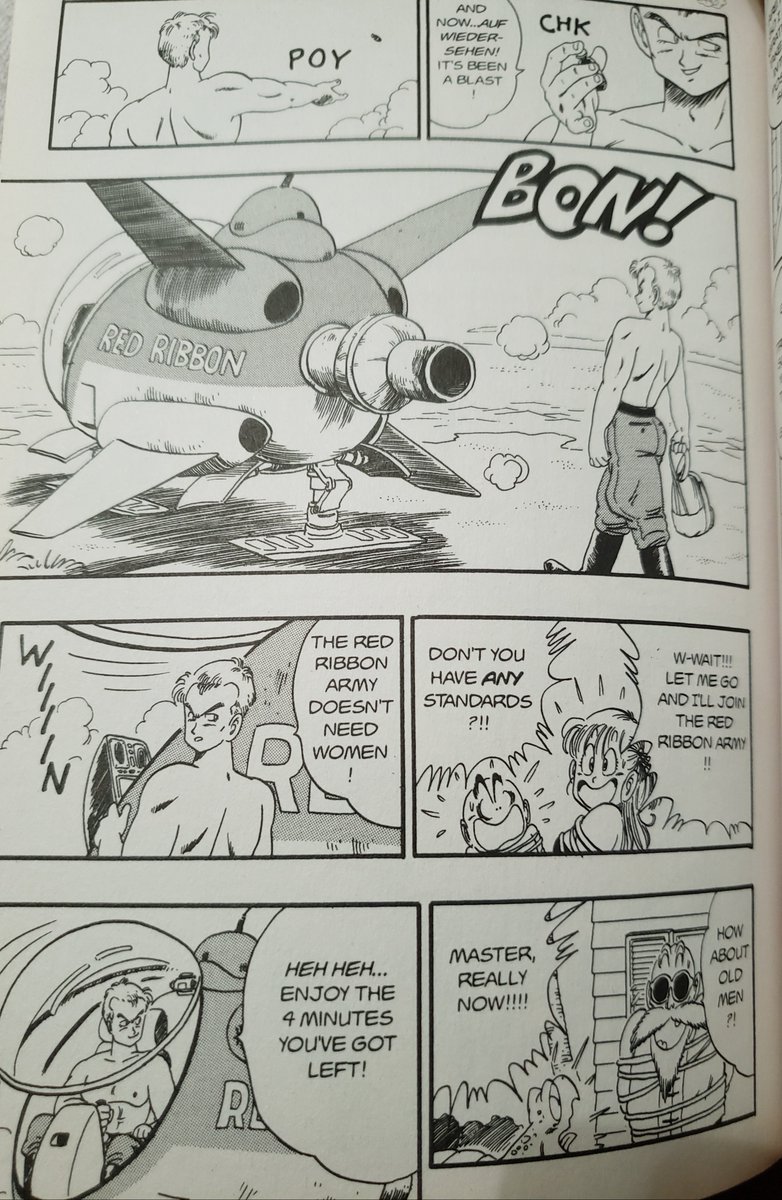 ElisaJGCC's tweet photo. "Don't you have any standards?!"

"Master, really now!"

Krillin and Turtle to Bulma and Master Roshi when they offer to join the Red Ribbon Army. 

#DBQuotes #Krillin #Bulma #Dragonball https://t.co/w9nWV6mFlP
