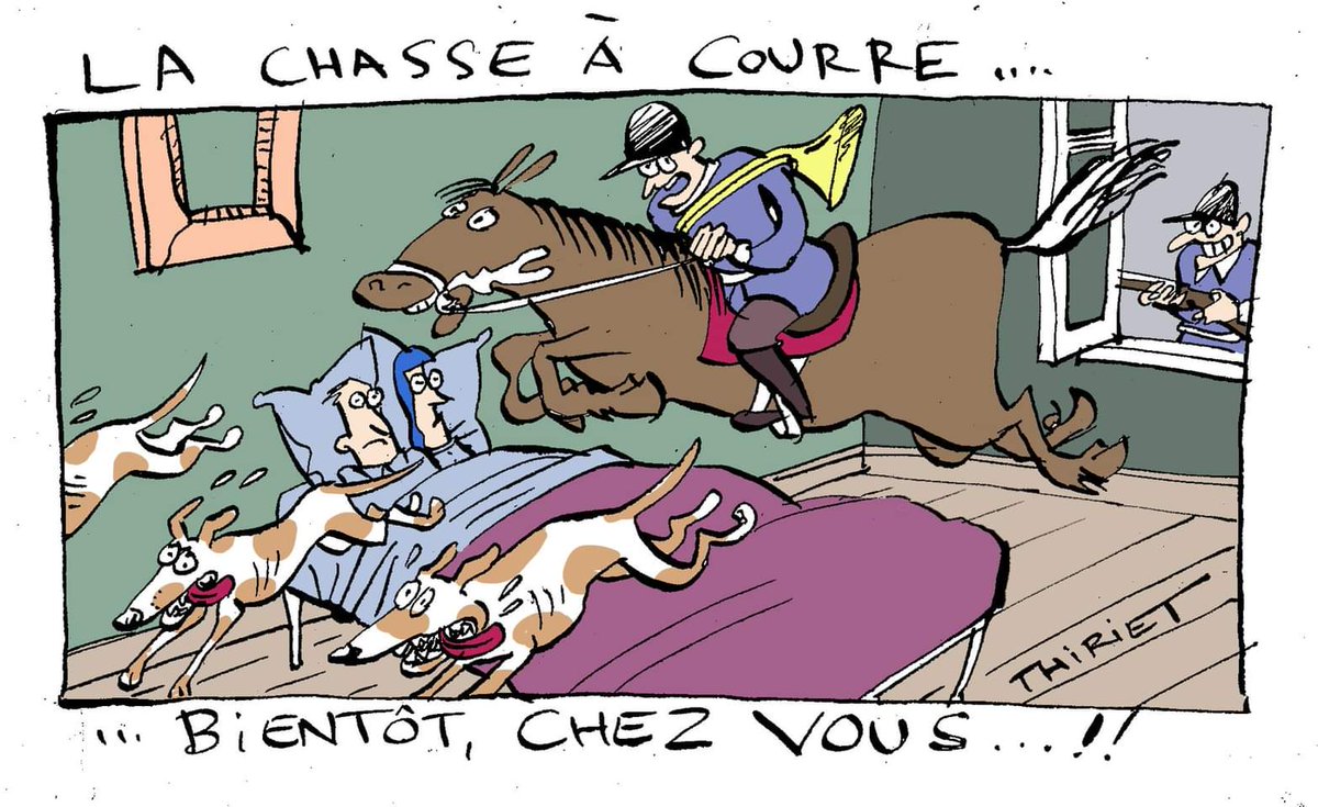 AVA__France's tweet photo. La chasse à courre... bientôt chez vous ! 📯👺

Merci à Jean-Michel Thiriet de son soutien avec ce dessin... bien trop réaliste au goût des habitants des forêts françaises ! 🎨💥

La #chasseàcourre, sa barbarie, son chaos et son arrogance féodale doivent être abolis ! VITE ! https://t.co/xlM6lsbZ1Z
