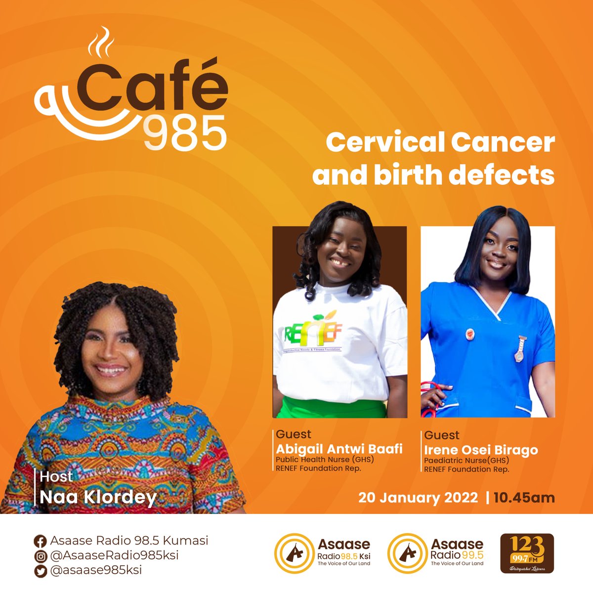 Asaase985ksi's tweet photo. Join Naa Klordey Fritzal Abban on the #Cafe985 as she discusses issues on cervical cancer and birth defects. 
#cervicalcancer 
#birthdefectsawareness https://t.co/aTwFMR0E9h