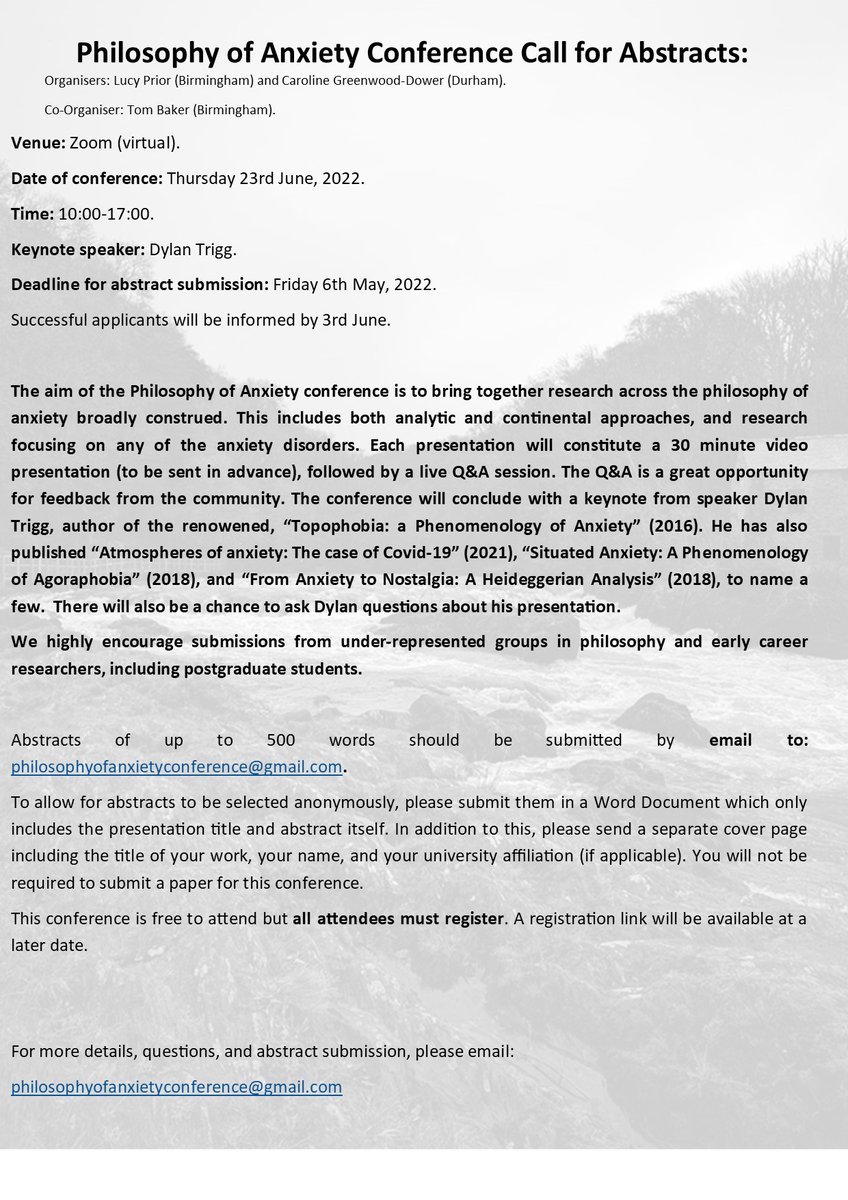 Very excited to announce the call for abstracts for the Philosophy of Anxiety conference, 2022, is now open! Open to continental, analytic, or disorder-specific research. Registration link available in the coming months. Please RT! ☺️