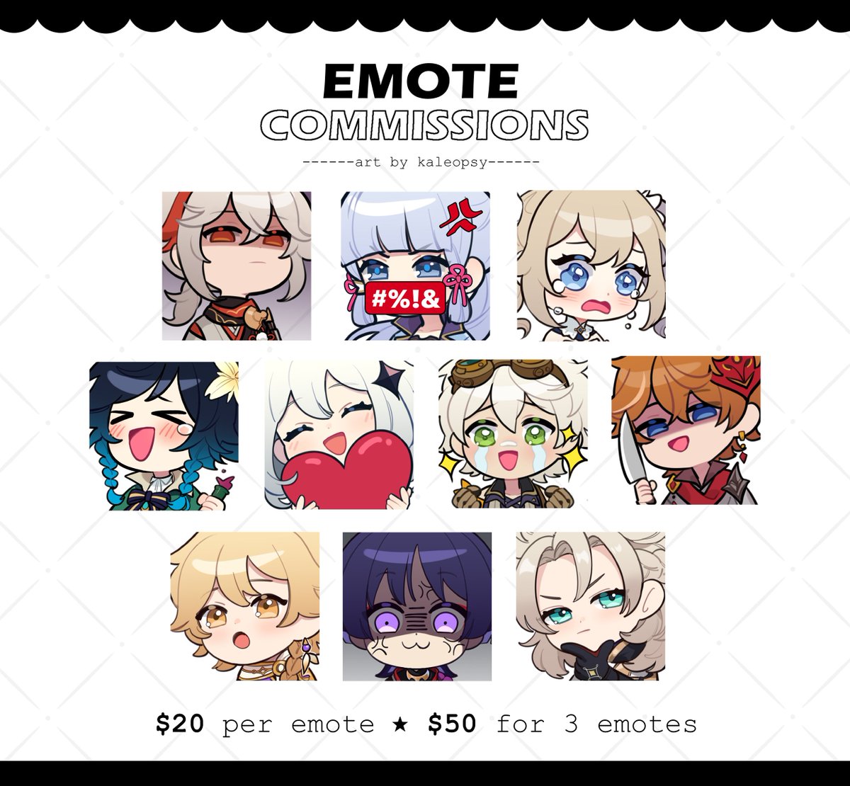 ♦️ Emote comms are open! ♦️
Please visit my carrd for more info https://t.co/GN2T0nOo5l ~

Shares and retweets are very much appreciated! ty! 