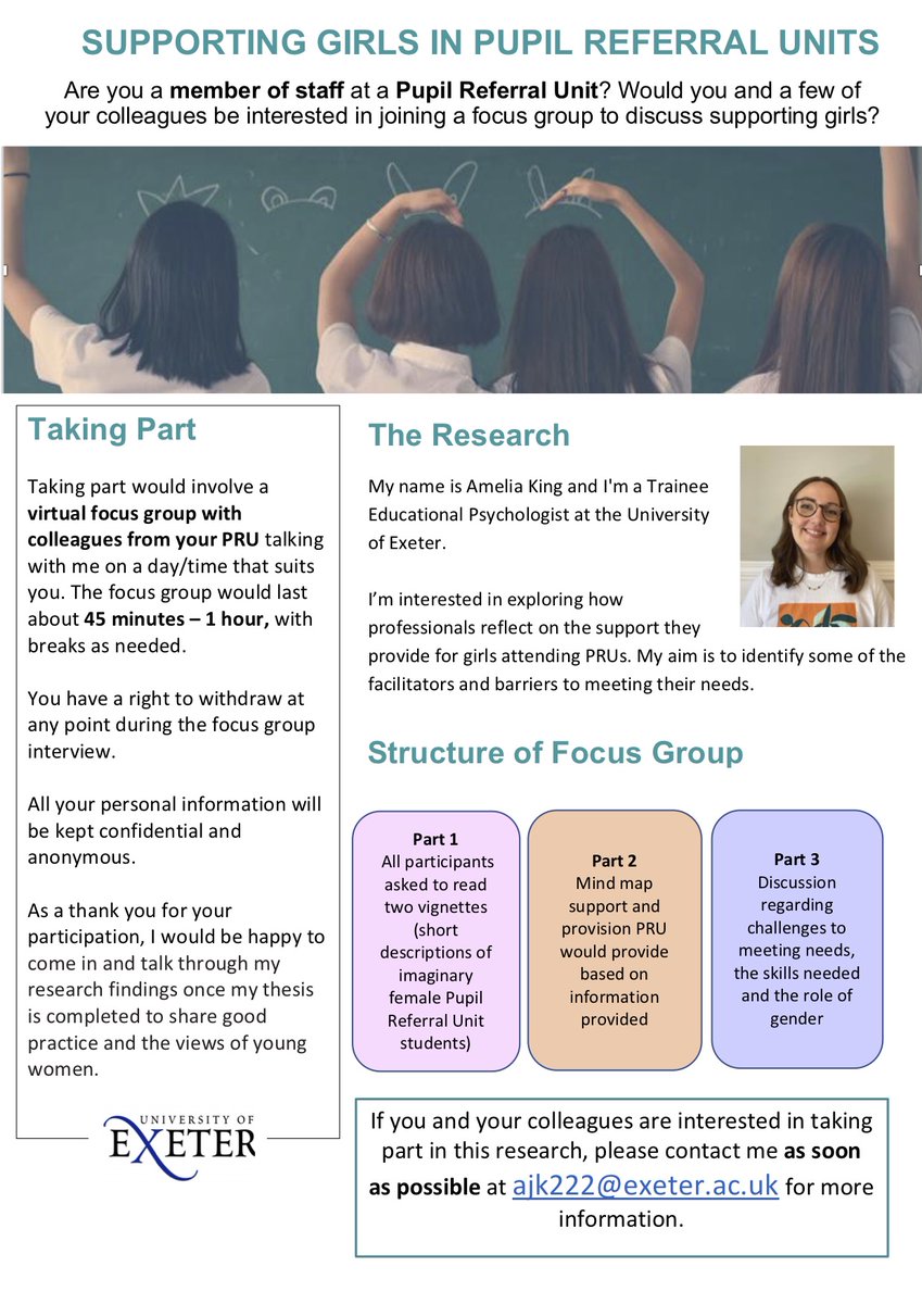 AmeliaKing_EP's tweet image. Major push re recruitment for Phase 2 of my research on #PupilReferralUnits - now looking for #prustaff #thisisap for #virtualfocusgroup