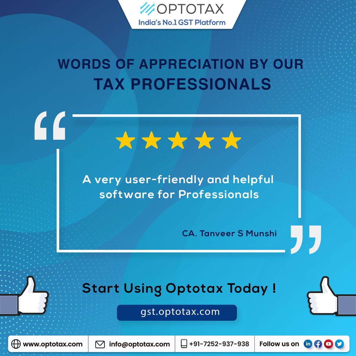 optotax_gst's tweet photo. We are grateful to the Professionals who spared their valuable time to share their views.

#Optotax is now India’s No.1 GST Platform.

Sign Up Today!

Click on the link to Sign-up to Optotax for FREE:
https://t.co/c7OtlPpOIr

With Warm Regards,
Team Optotax

#wordsofappreciation https://t.co/ZdPjIiJszj