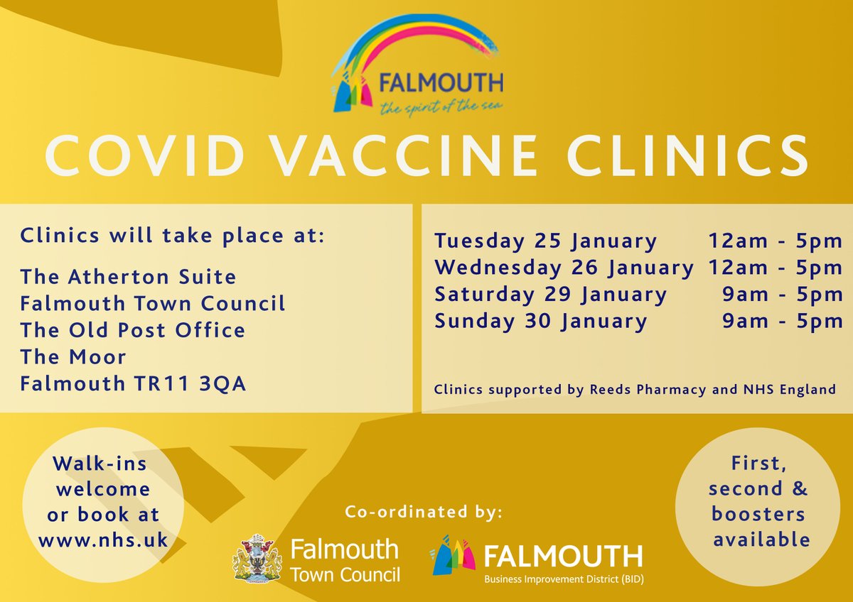 FalmouthTownUK's tweet photo. The Covid vaccine clinics will be running again next week, starting on Tuesday 25 January. As always, walk-ins are welcome or you can pre-book your appointment at https://t.co/WMjppfTHeX. #lovefalmouth #doitforcornwall #reedspharmacy #nhsengland #lovecornwall #covidvaccineclinic https://t.co/beaHnR4r8o