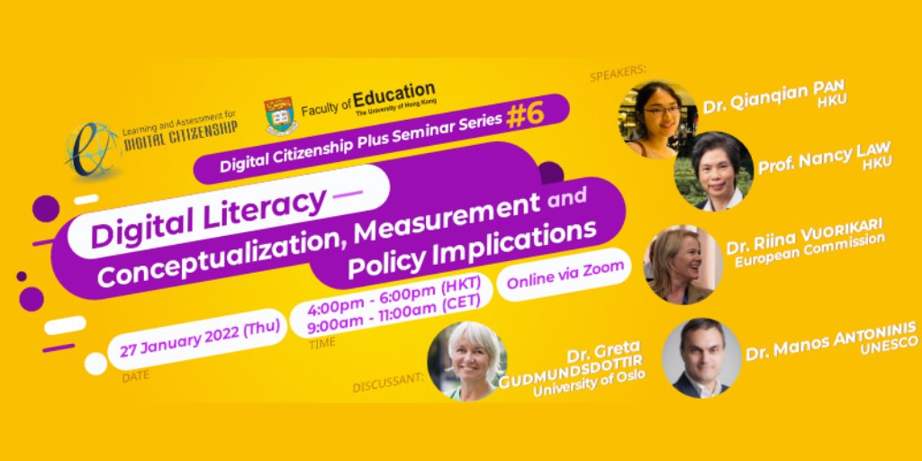 Join DigiGen researcher <a href="/GretaBjork/">Greta Björk Gudmundsdottir</a> and speakers from the European Commission, UNESCO and <a href="/HKUniversity/">The University of Hong Kong</a> to explore "Digital Literacy- Conceptualisation, Measurement and Policy Implications" 📱👩‍💻

📅Thursday 27th 9am (CET)

Register below⬇️

ecitizen.hk/dc-plus-semina…