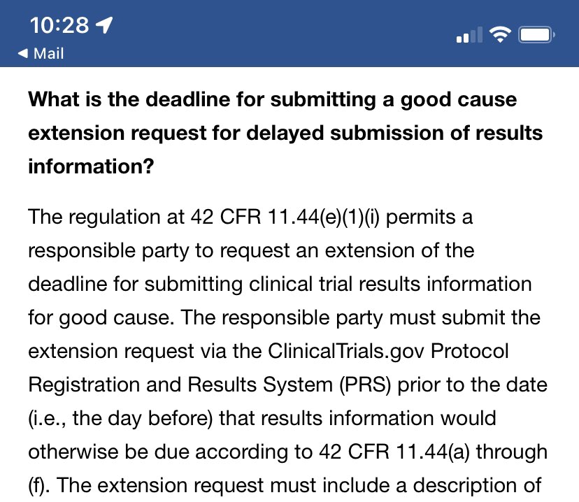 In news probably only a handful of people care about, but drove me crazy, ClinicalTrials.gov is finally closing a loophole that let people submit delays of results for good cause much later than should be allowed under FDAAA @reshmagar @TranspariMED @DeborahZarin