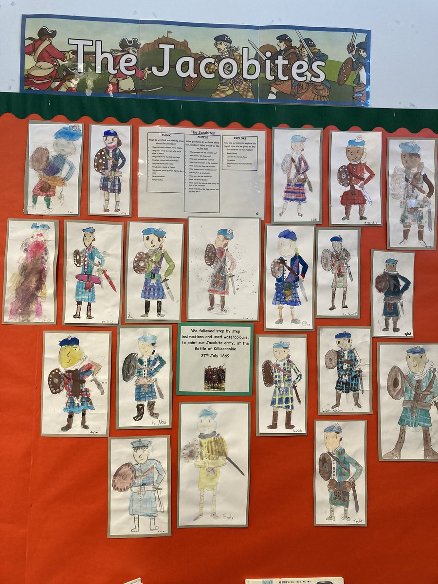 MrsLeslieLVPS's tweet photo. We have started our new topic, learning about the Jacobites. We used watercolours to paint our Jacobite army ready for the Battle of Killiecrankie 27 July 1689.👏🏻 https://t.co/UdHaprD9VT