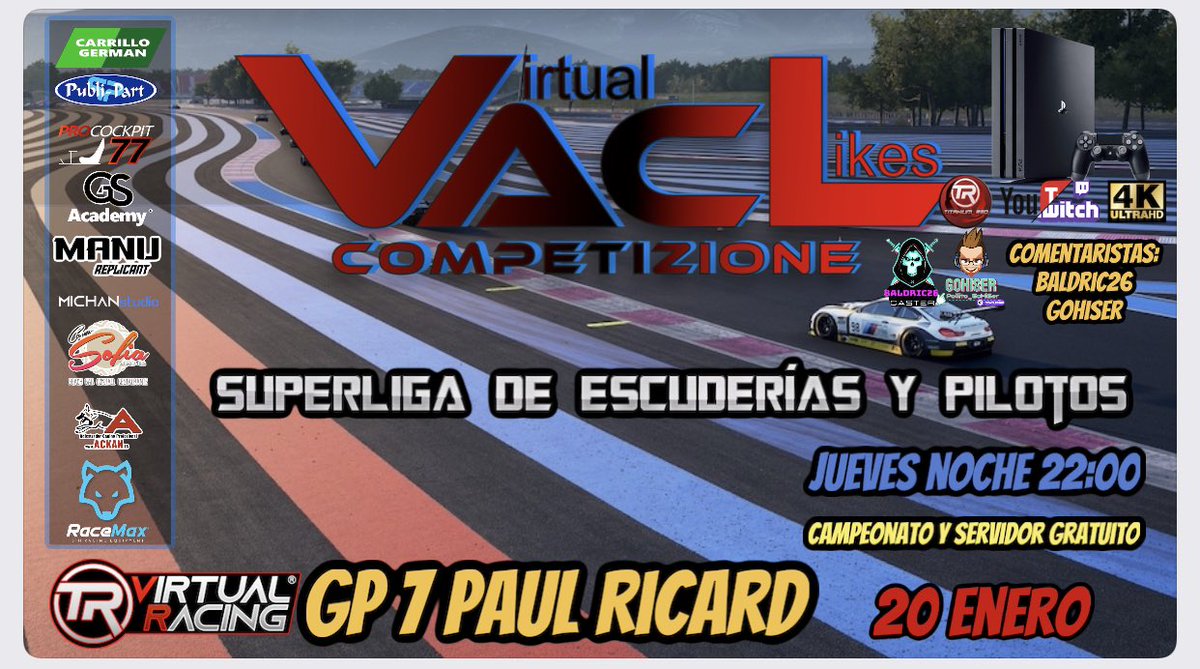 Esta noche jornada en Superliga #AssettoCorsaCompetizionePs4 doble sala a las 22:00 con <a href="/baldric26/">Baldric26</a> y @Pollito_GoHiSer  en cabina nos vamos a Paul Ricard