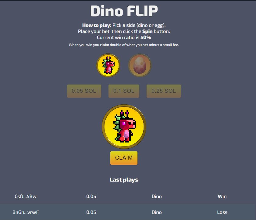 Our first game is up at dinoflip-solanakings.vercel.app

Always use a burner and play responsibly! ❤️

#NFT #NFTs #NFTCommunity #NFTGame