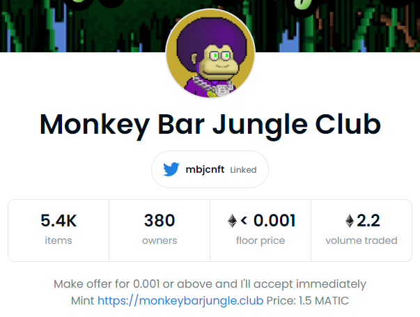 mbjcnft's tweet photo. 💎Monkey Bar Jungle Club party is still on💎

MBJC is growing fast and there is still a lot of hidden gems you can find.

👉Mint: https://t.co/0uGrfYRWwJ
price: 1.5 $MATIC

👉check MBJC collection  
https://t.co/oZPhDQTe6C

#NFTCommunity #OpenSeaNFT #PolygonNFT https://t.co/C6Rvikh7El