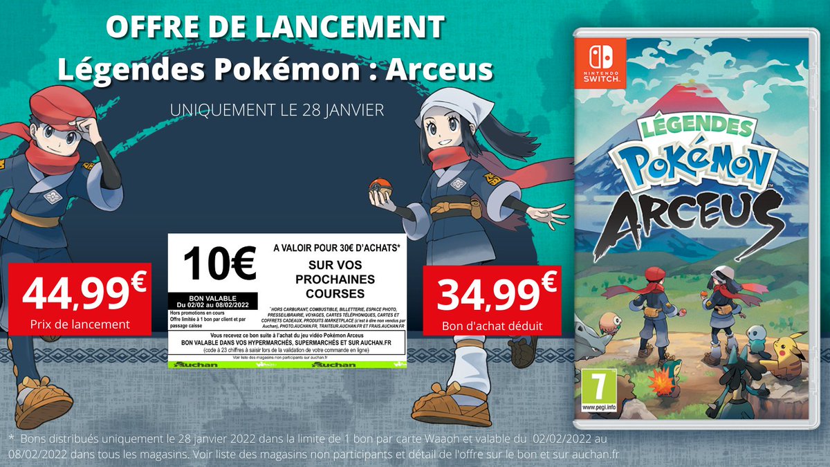 #LegendesPokemonArceus est enfin disponible ! 😍

Profitez d'une OFFRE DE LANCEMENT !💰

10€ de bon d'achat valable sur tout le magasin !!
Soit 34,99€ votre jeu avec le bon déduit.