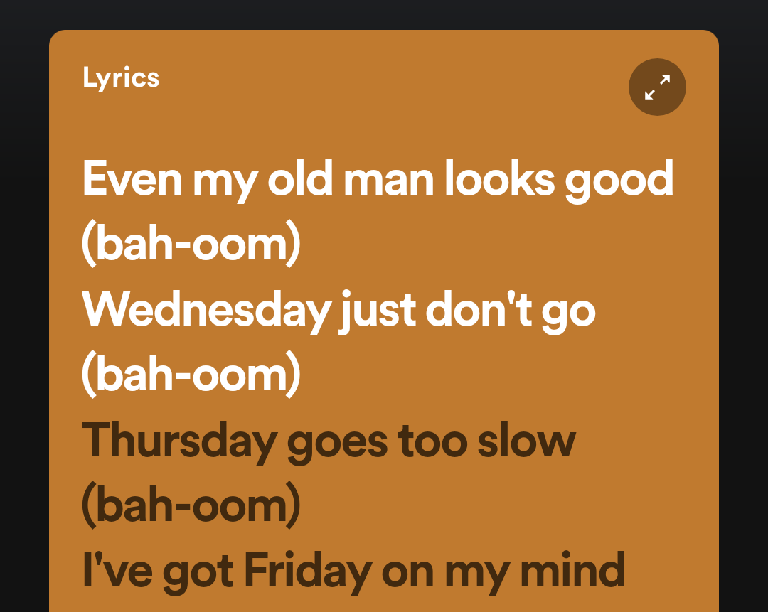 ellemwano's tweet photo. I love @Spotify's lyrics feature!

Those bah-oom's made my day 🤩 

-Cover of Friday On My Mind by the great David Bowie btw- https://t.co/8GL2uUHsoe