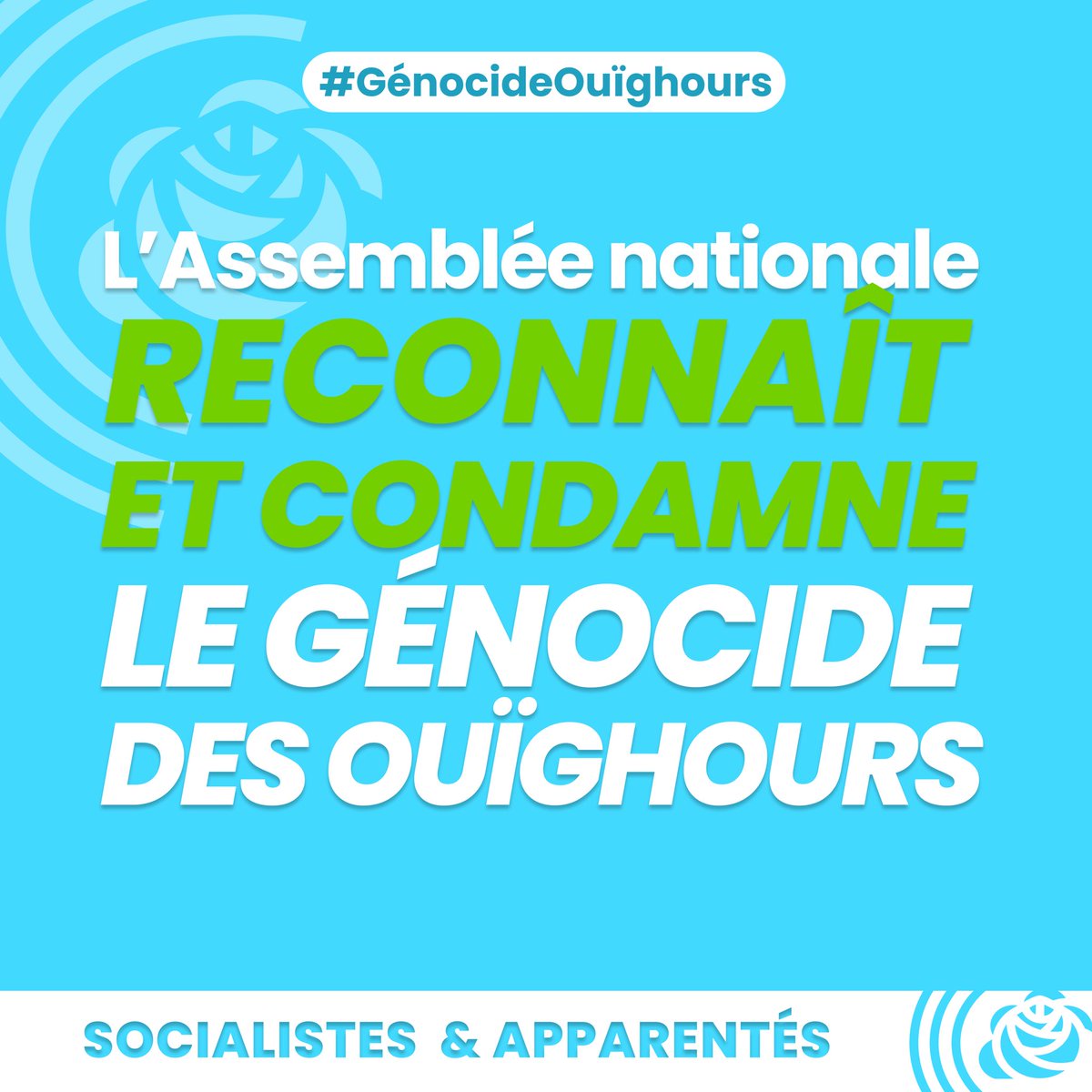 C’est un moment historique, notre proposition de résolution est adoptée !

L’Assemblée nationale reconnaît et condamne le génocide des Ouïghours.

Maintenant que ce génocide est documenté et reconnu, faisons-le cesser !

#GénocideOuïghour