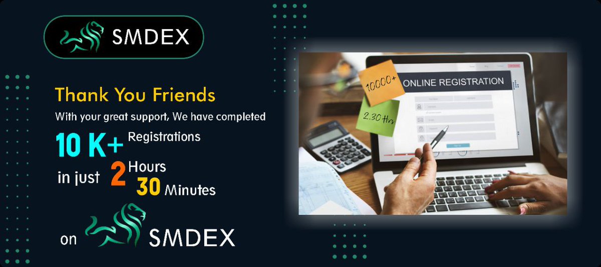 SMDex_io's tweet photo. Congratulations 🎉

In just 2hours 30minutes More than 10000+ users have registered on our @SMDex_io Exchange

If you haven't joined SMDEX family yet then join now and claim your registration bonus

You all can sign up on SMDEX Exchange through this link 🔗https://t.co/uSeioMqtM1 https://t.co/wRMZSSqS7H