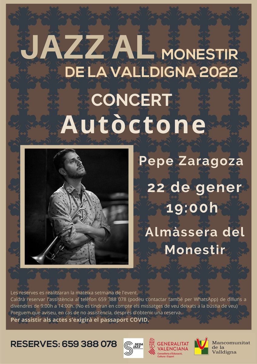 alfandech's tweet photo. DESTAQUEM 🎼La #MancomunitatValldiga enceta una línia de programació estable de #JazzAlMonestir. 🎷 PRIMER CONCERT DEL CICLE 🎷"Autòctone" @_autoctone; amb Pepe  Zaragoza. El pròxim dissabte 22 de gener a les 19h en l'Almàssera de Monestir. https://t.co/nktblosrGx