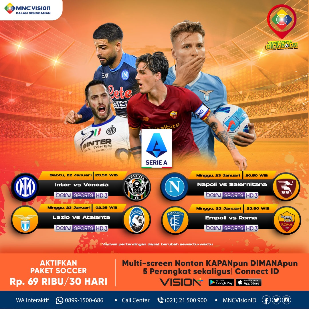 MNCVisionID's tweet photo. 🔥 Serie A Giornata 23 akan segera dimulai! 🔥

Gimana performa tim kamu nih, Keluarga Vision?

Saksikan seluruh pertandingan Serie A akhir pekan ini mulai Sabtu, 22 Januari 2022 pukul 23.50 WIB secara Live di Bein Sports 3 ch.306 &amp; ch.426 HD hanya di MNC Vision!

#MNCVision https://t.co/eg2bTzqYEy