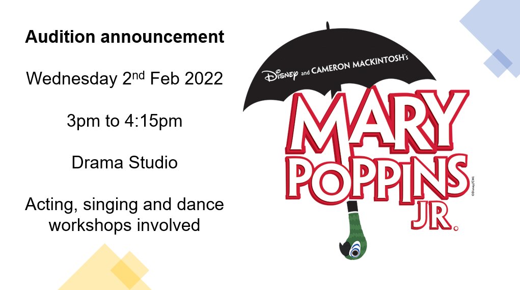 CPOA_Perform's tweet photo. Following delays to our audition process, we are thrilled to confirm that auditions for our Summer production of Mary Poppins will be held on Wednesday 2nd February! We can't wait to cast this show with our incredibly talented students at @CliffParkOA #MusicalTheatre https://t.co/NzRXV76Kv8